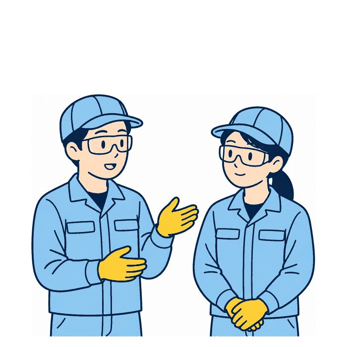 作業着姿の2人が向かい合って会話しているイラスト