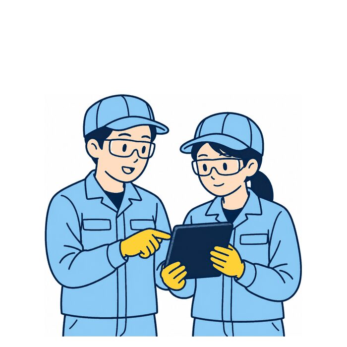 先輩がタブレットを見せながら後輩に作業を教えているイラスト