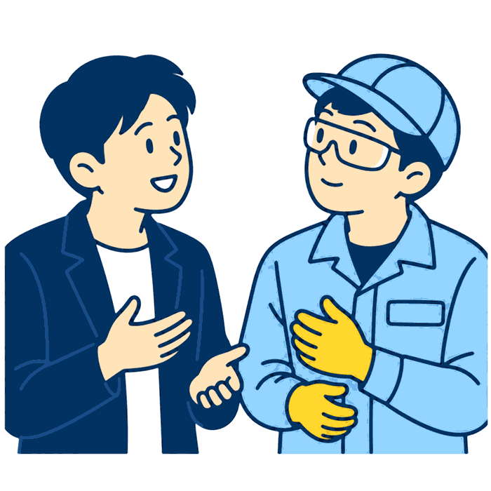 アスタワークの担当者と、作業着姿のスタッフが話しているイラスト。