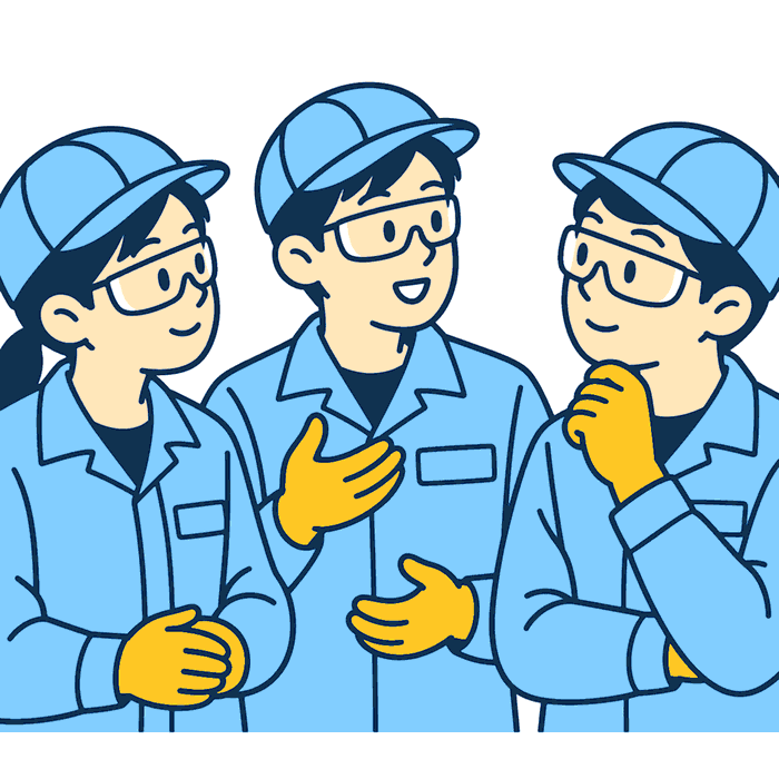作業着姿の3人が輪になって話し、1人の意見を他の2人が聞いているイラスト